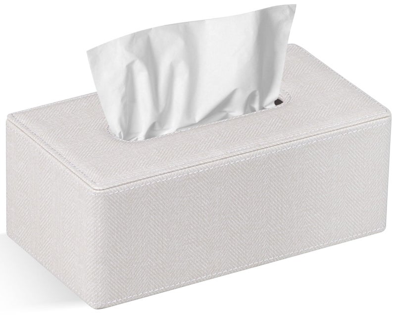 GOLRANLYE Tissue Box Cover Rectangular 9.8""(L) x 5.3""(W) x 4.3""(H) Refined Modern PU Leather Facial Tissue Dispenser Box Holder for Dresser Bathroom Decorative (Linen Beige) - Image 1